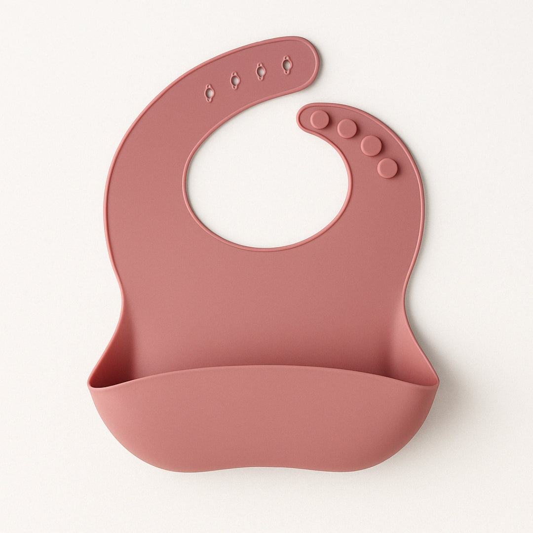 bavoir en silicone rose pour bébé avec récupérateur, facile à nettoyer