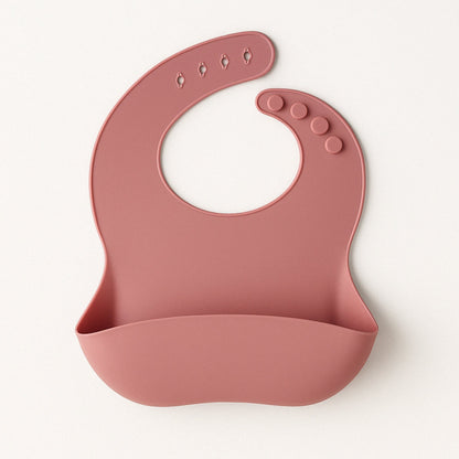 bavoir en silicone rose pour bébé avec récupérateur, facile à nettoyer